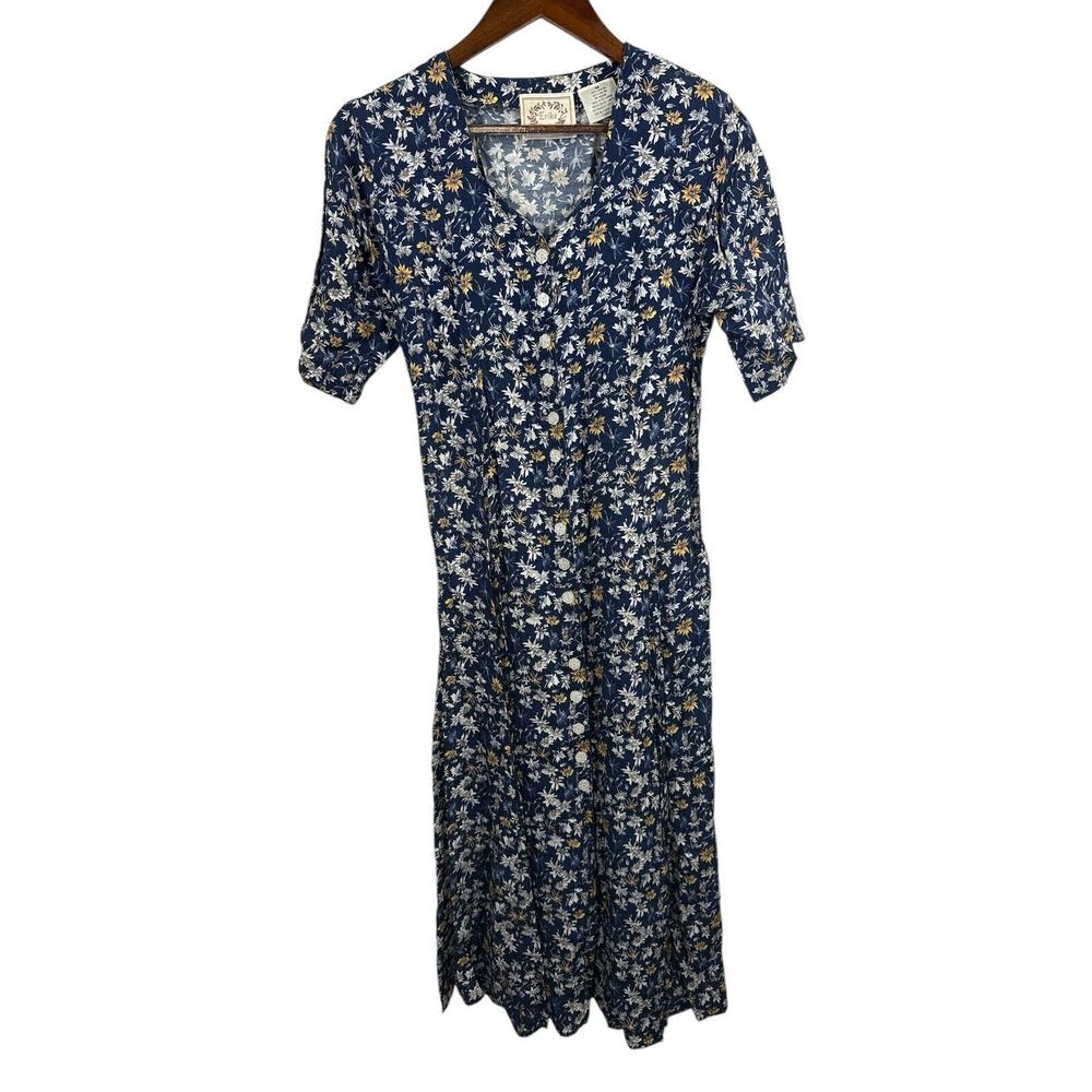 Vintage 1990s Grunge Erika Navy Blue Pink‎ Floral Print Long Dress Medium